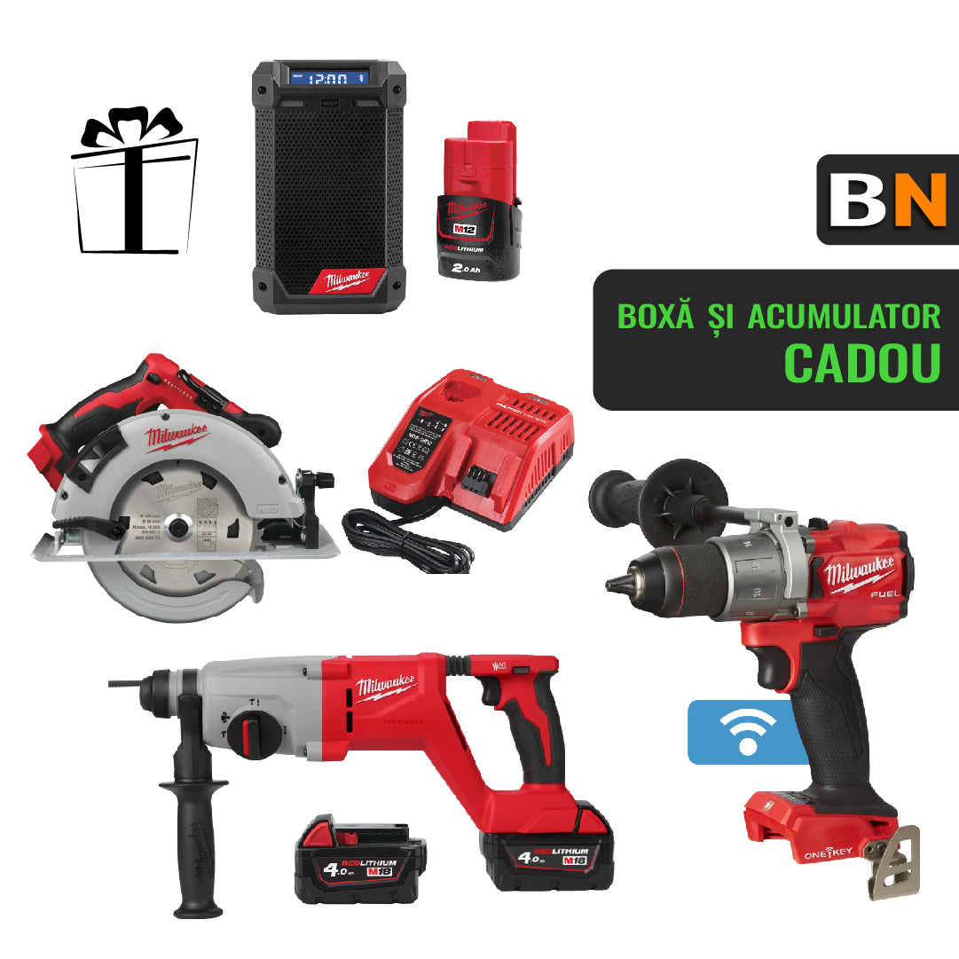Pachet BN - M18 BLCS66-0 + M18 BLHACD26-402X + M18 ONEDD2-0X + Boxa M12 RCDAB și M12 B2 Cadou
