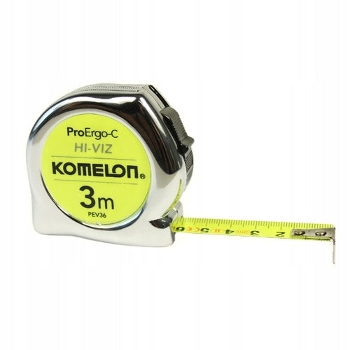 Ruletă Komelon ProErgo-C HI-VIZ PEV36 3 m, bandă oțel 16 mm reflectorizantă, crom/galben fluorescent