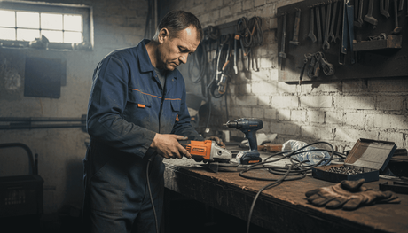 Atelier plin de scule electrice, cu bancul de lucru lăsat vraiște