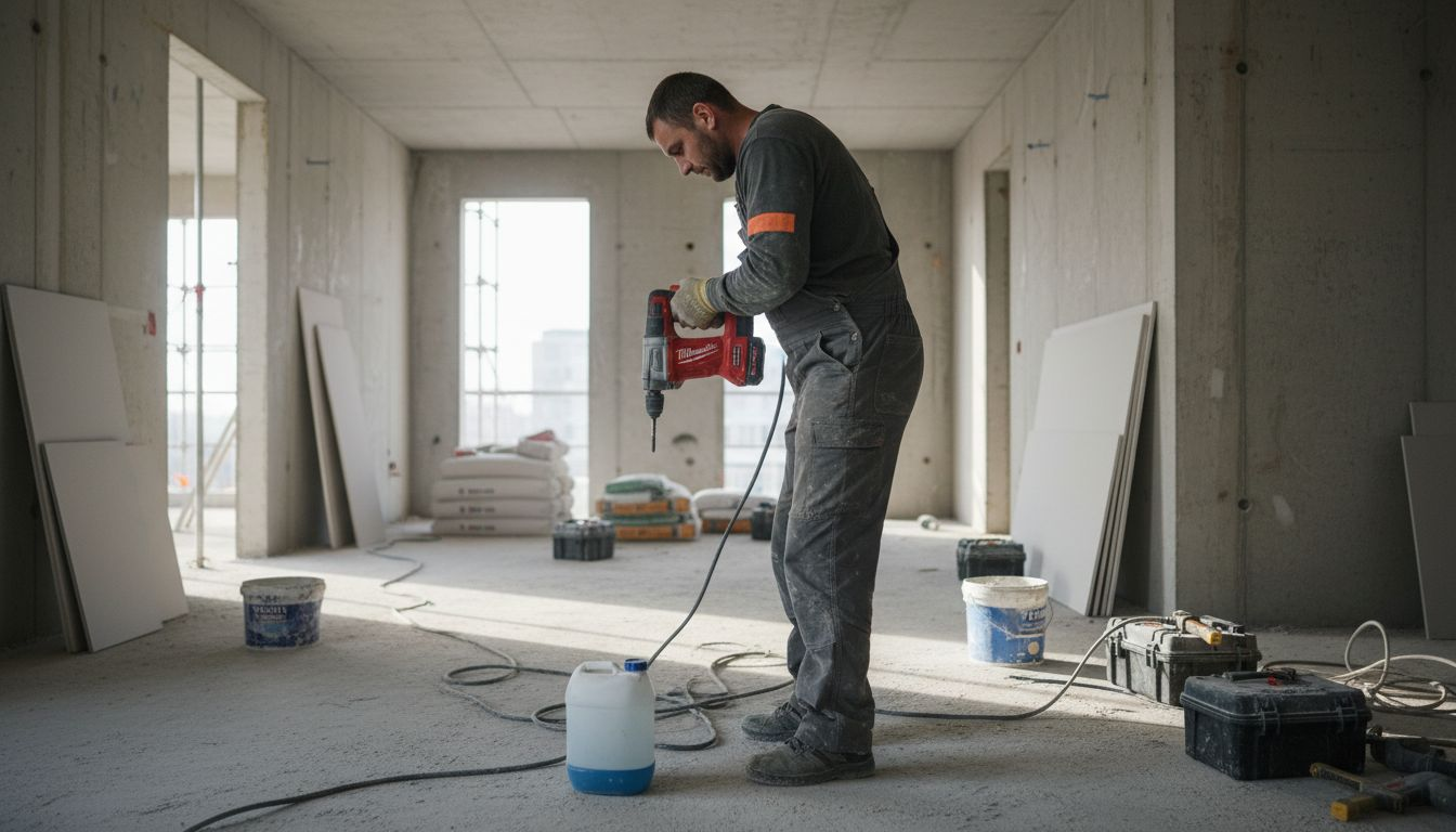 Un muncitor folosește o bormașină Milwaukee pe un șantier de construcții.