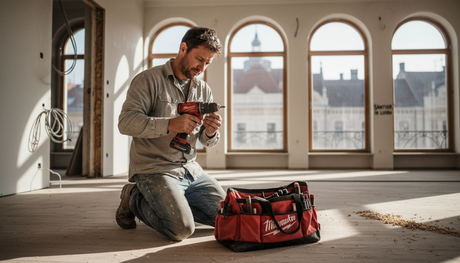 Muncitor folosind o bormașină Milwaukee pe șantier