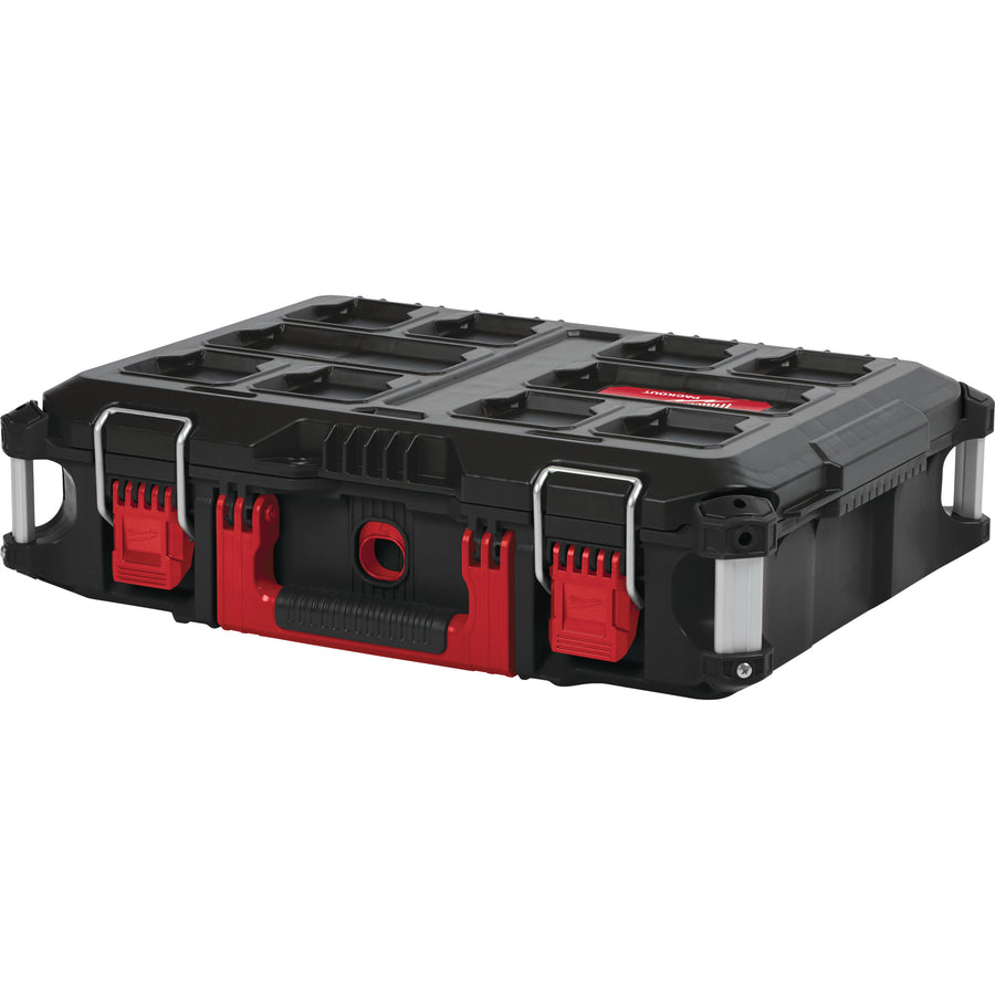 Organizator Milwaukee PACKOUT™ XL, construcție robustă din polimeri rezistenți la impact, capac opac cu întărituri metalice, 10 compartimente detașabile, închideri metalice, mânere laterale pentru transport facil, compatibil cu sistemul modular PACKOUT™.