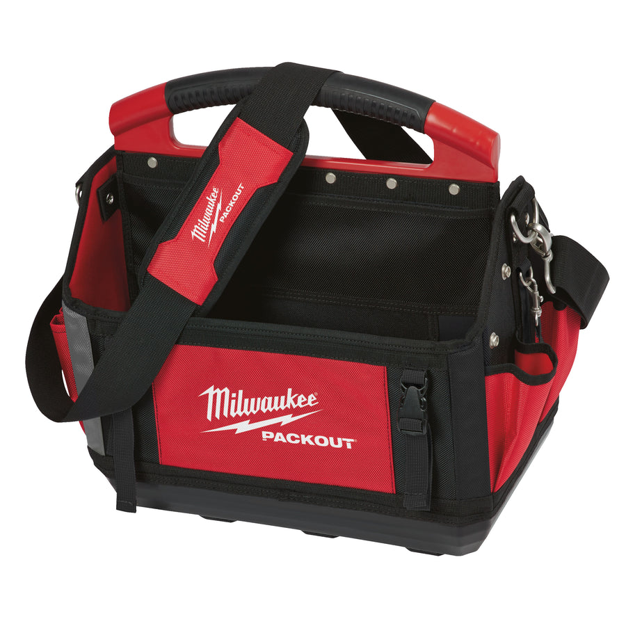 Geantă deschisă Milwaukee PACKOUT™ – concepută pentru acces rapid la unelte și accesorii esențiale. Realizată din material balistic rezistent 1680D și bază rigidă, impermeabilă, oferă durabilitate sporită pe șantier. Dispune de mâner metalic cu prindere ergonomică, bretea de umăr căptușită și multiple buzunare interioare/exterioare pentru organizare eficientă. Compatibilă cu sistemul modular PACKOUT™.