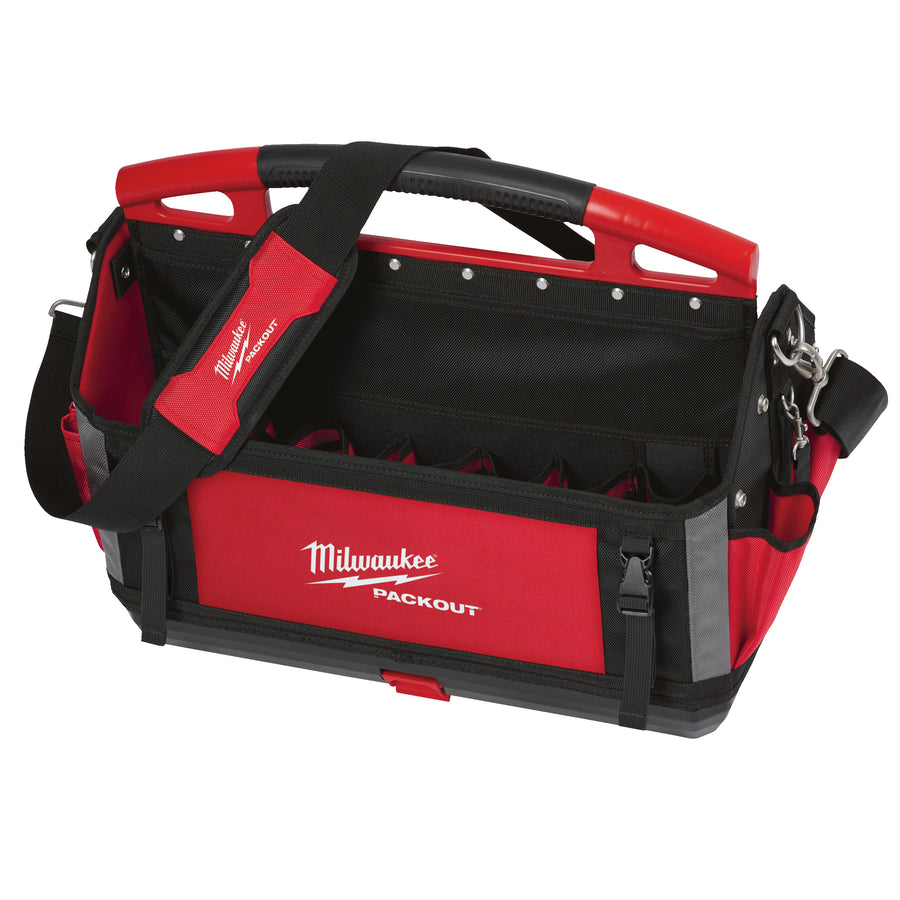 Geantă de scule Milwaukee PACKOUT™ – structură ranforsată, curea de umăr căptușită și mâner metalic ergonomic. Prevăzută cu multiple buzunare interioare și exterioare pentru organizare eficientă, compatibilă cu sistemul modular PACKOUT™ pentru transport facil și sigur.