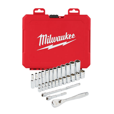 Milwaukee Trusă de chei tubulare cu clichet 1/4'', sistem metric - 28 bucăți 4932464943