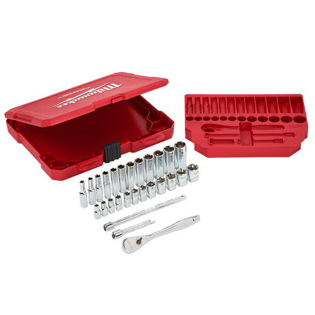 Milwaukee Trusă de chei tubulare cu clichet 1/4'', sistem metric - 28 bucăți 4932464943