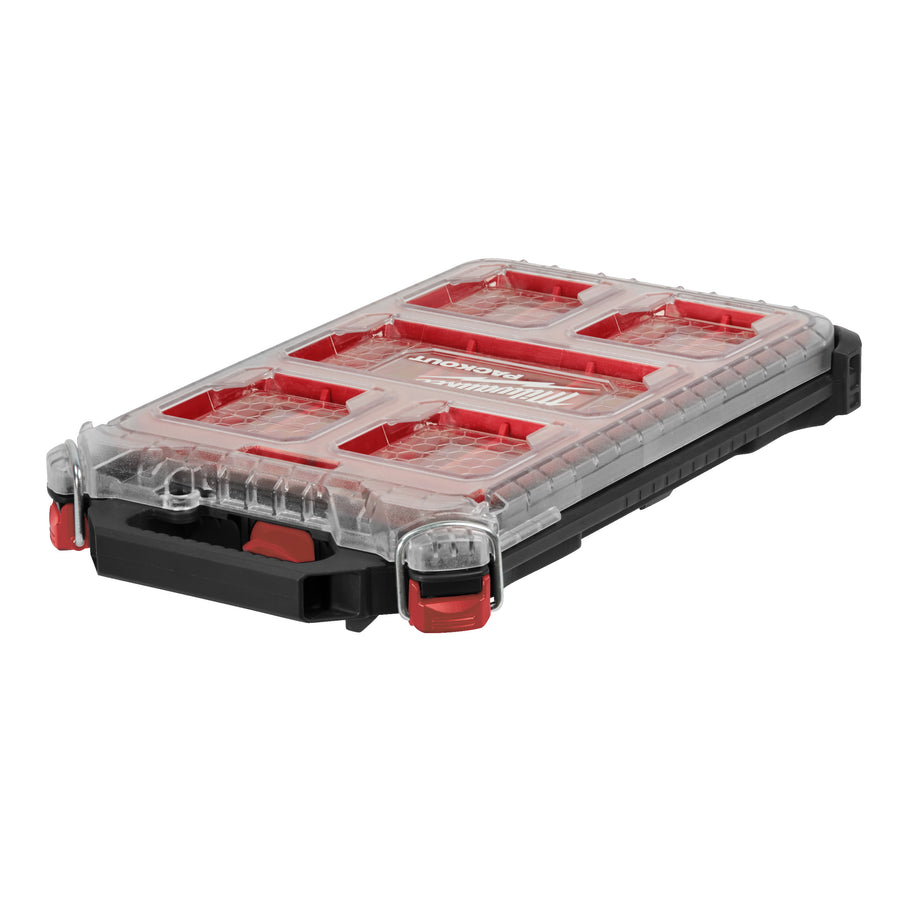 Organizator subțire Milwaukee PACKOUT™, capac transparent din policarbonat, 8 compartimente fixe, ideal pentru piese mici, închideri metalice durabile, compatibil cu toate modulele PACKOUT™.