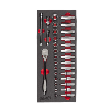 Milwaukee Set antrenor cu clichet și chei tubulare în inserție de spumă, 3/8, 32 bucăți 4932479825
