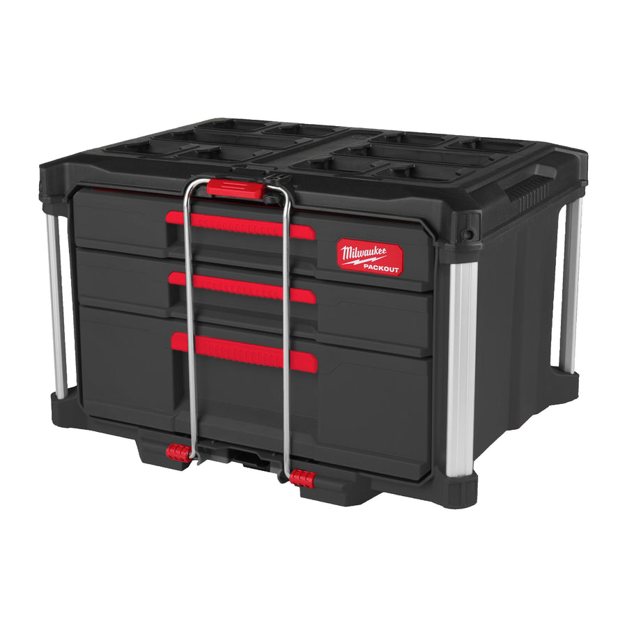 Organizator Milwaukee PACKOUT™ cu 3 sertare – soluție versatilă de depozitare pentru scule și accesorii. Sertarele glisează ușor datorită sistemului de rulmenți și se blochează cu bară metalică pentru siguranță la transport. Carcasa ranforsată este complet compatibilă cu sistemul modular PACKOUT™. Ideal pentru organizare rapidă și acces facil în șantier sau atelier.
