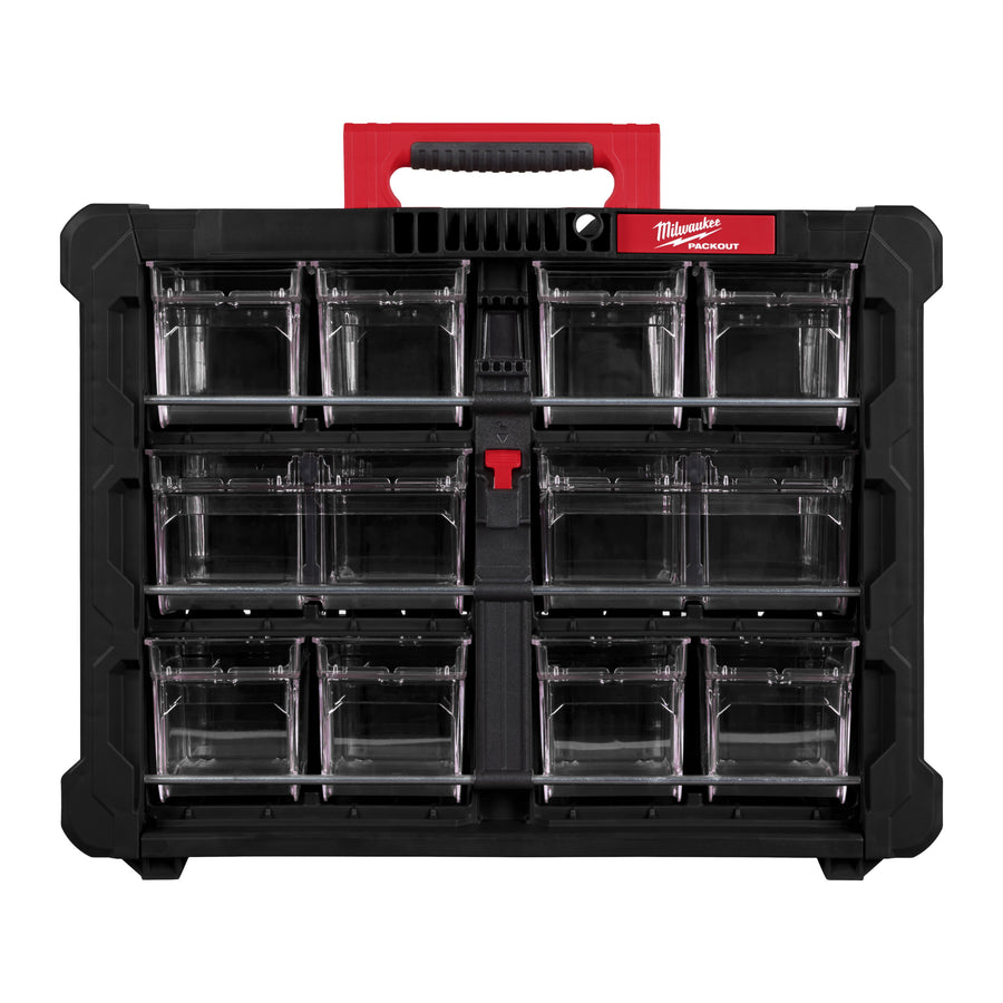 Organizator Milwaukee PACKOUT™ cu sertare transparente – ideal pentru depozitarea pieselor mici, dispune de 12 cutii detașabile și ușor accesibile, capac cu închidere sigură, structură robustă pentru utilizare intensă, mâner ergonomic roșu și compatibilitate completă cu sistemul modular PACKOUT™.