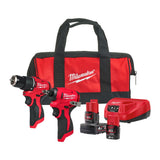 Set scule Milwaukee® M12 BLPP2B-422B: mașină de găurit cu percuție + mașină de înșurubat cu impact + 2 acumulatori + încărcător + geantă contractor
