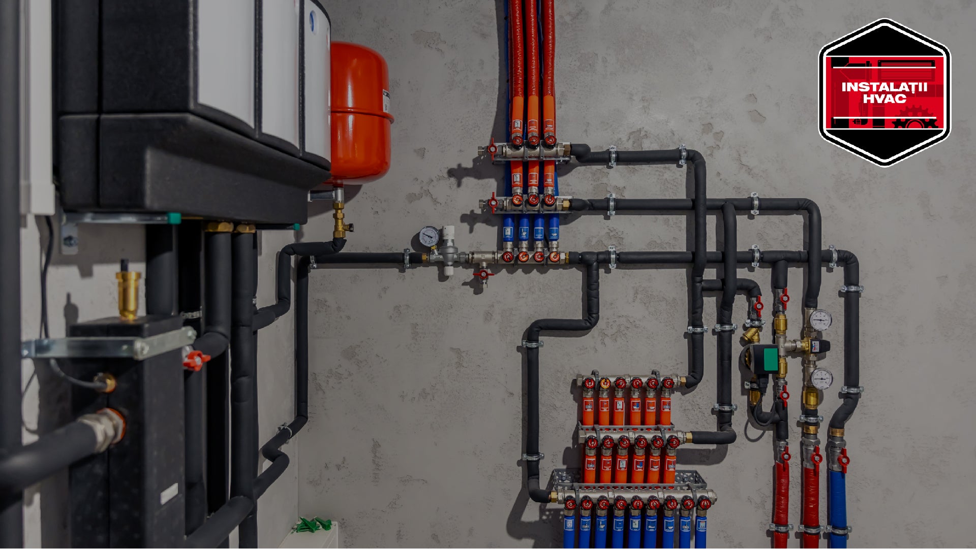Instalație HVAC complet echipată, cu țevi izolate, distribuitoare colorate și componente montate profesional, ideală pentru sisteme de încălzire și răcire eficiente.