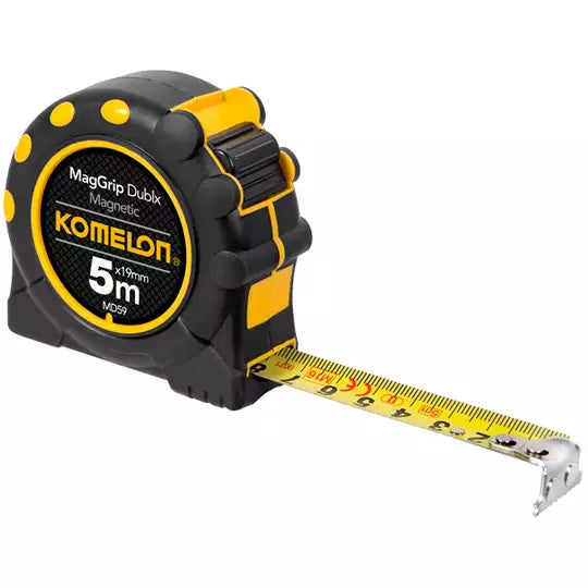 Ruletă Komelon MagGrip 5 m magnetică, bandă oțel 19 mm, negru/galben