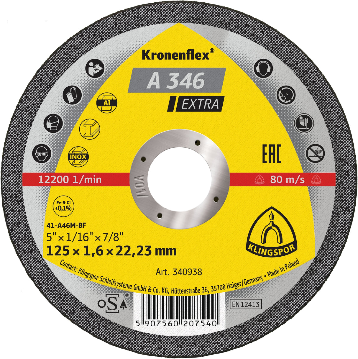 A 346 EX Discuri debitare, 125 x 1,6 x 22,23 mm Drept