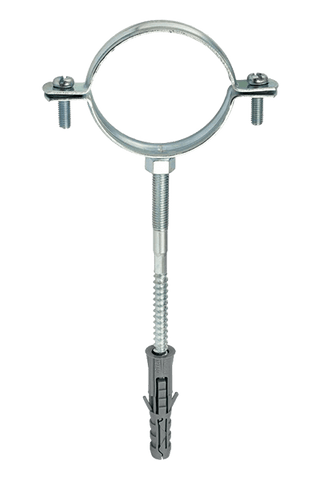 Colier metalic cu diblu și tija filetată pentru prinderea fixă a țevilor pe perete sau tavan în instalații sanitare și termice.